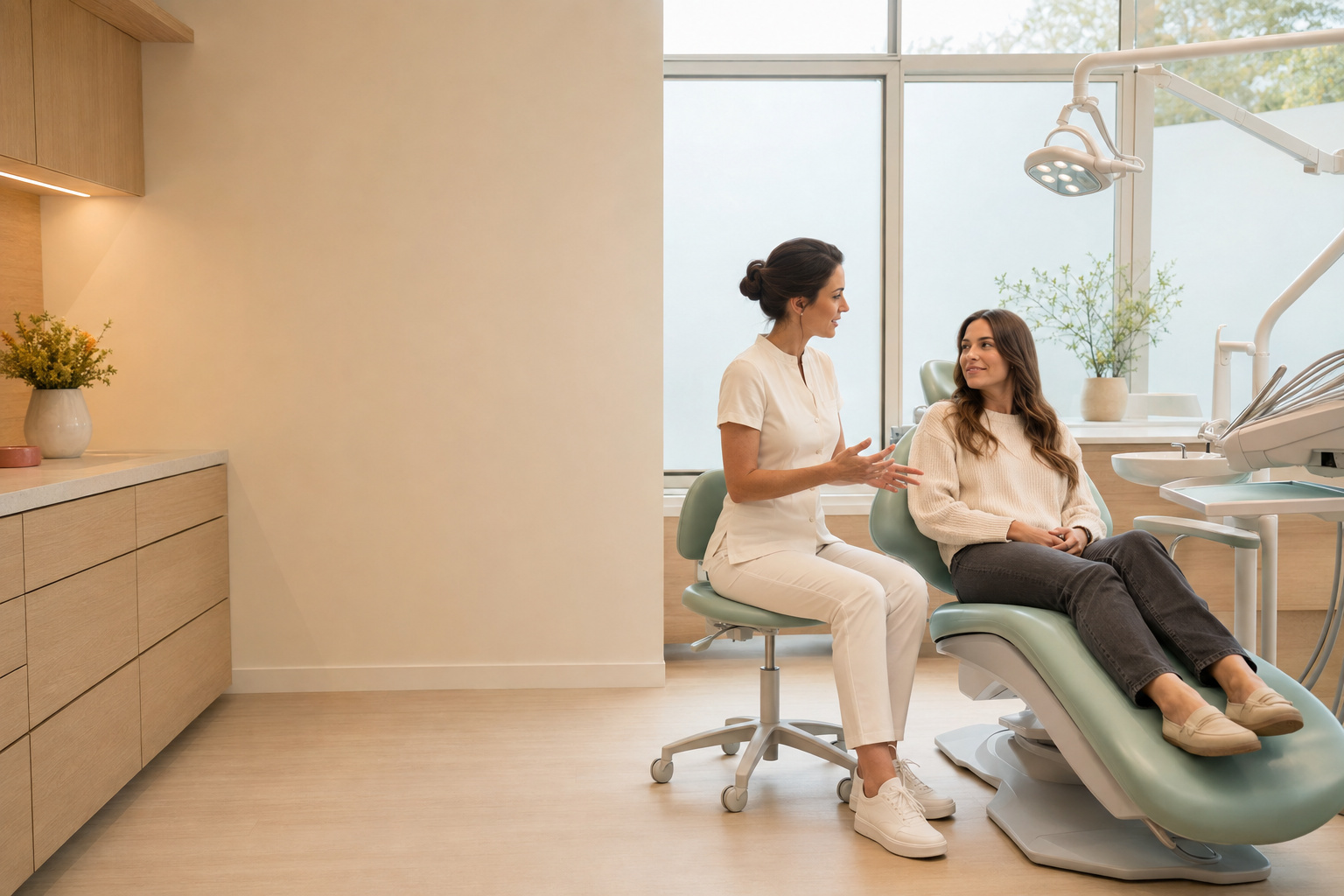 Dentist speaking with a patient in a calm treatment room